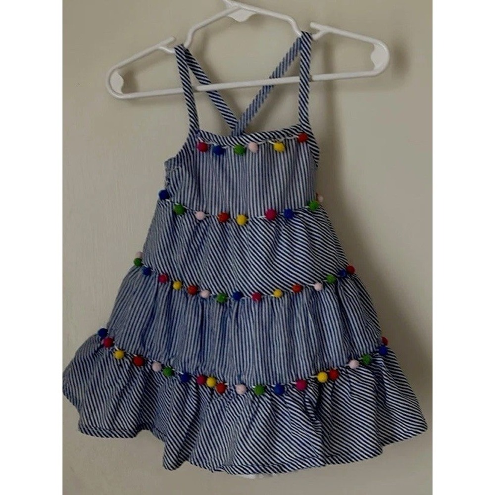 Tommy Bahama Size 12 Month Girls Blue Striped Pom Pom Cotton Sundress